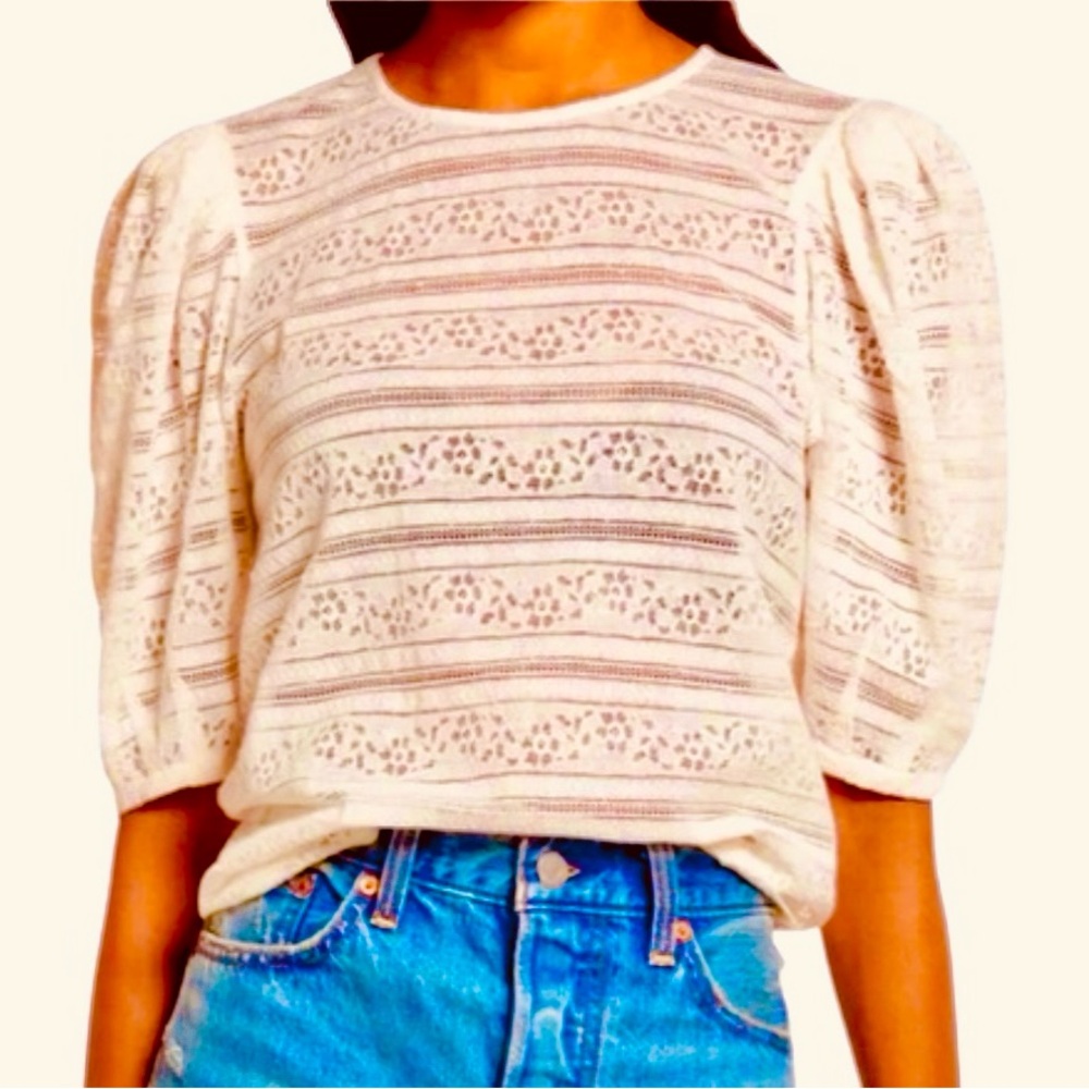 Treasure & Bond Cream Lace Puff Sleeve Blouse